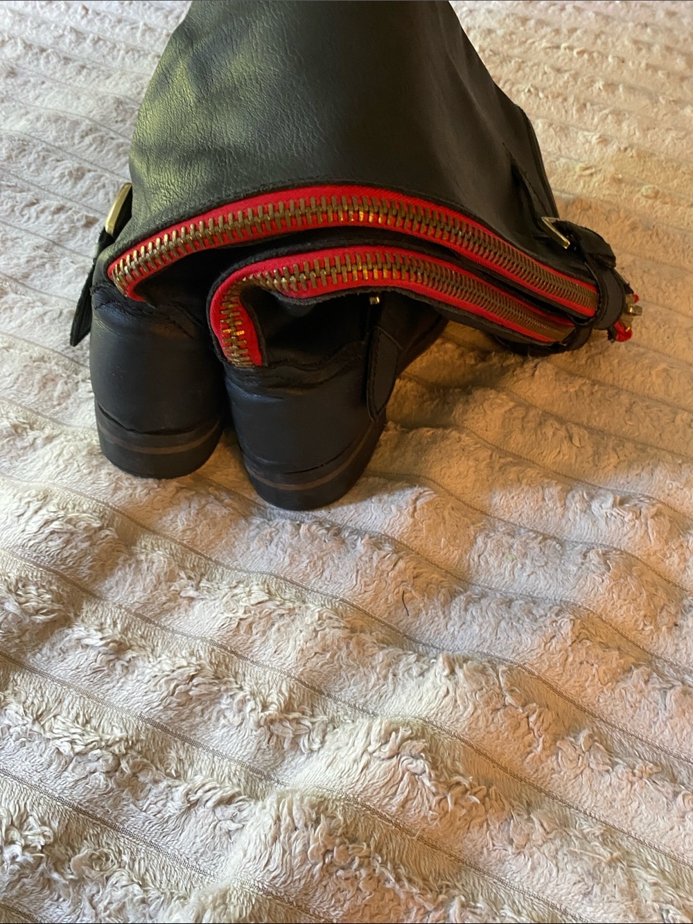 Navy Blue Leather Mid-Calf Boots with Red Zip and Gold Buckles Riding Boots - Picture 5 of 6